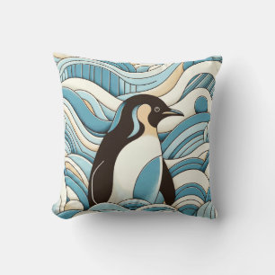 Sky Blue Cream Ocean Waves And Cute Penguin Throw Pillow