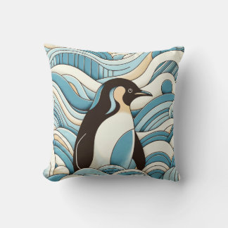 Sky Blue Cream Ocean Waves And Cute Penguin Throw Pillow