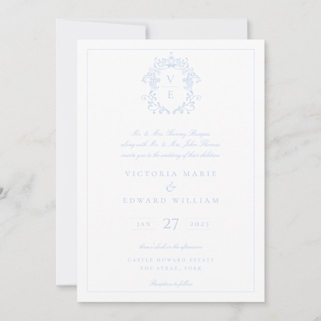 Sky Blue Crest Monogram Wedding Invitation (Front)