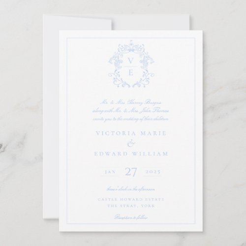 Sky Blue Crest Monogram Wedding Invitation