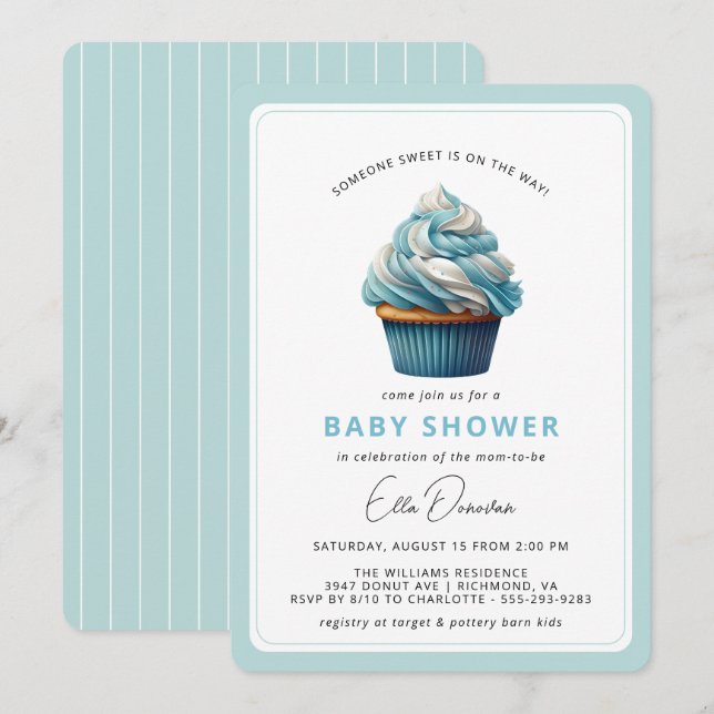Sky Blue Cupcake | Dessert Theme Boy Baby Shower Invitation (Front/Back)