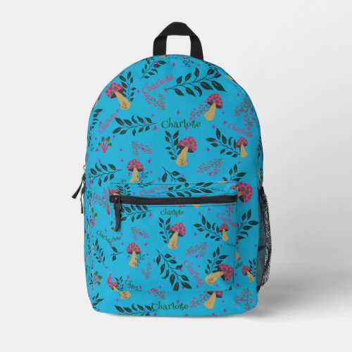 Sky Blue Custom Name School and Gym Mushrooms Printed Backpack