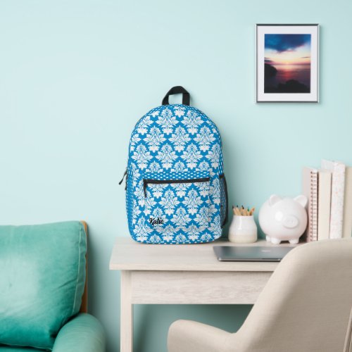 Sky Blue Damask and Polka Dot Personalized Printed Backpack