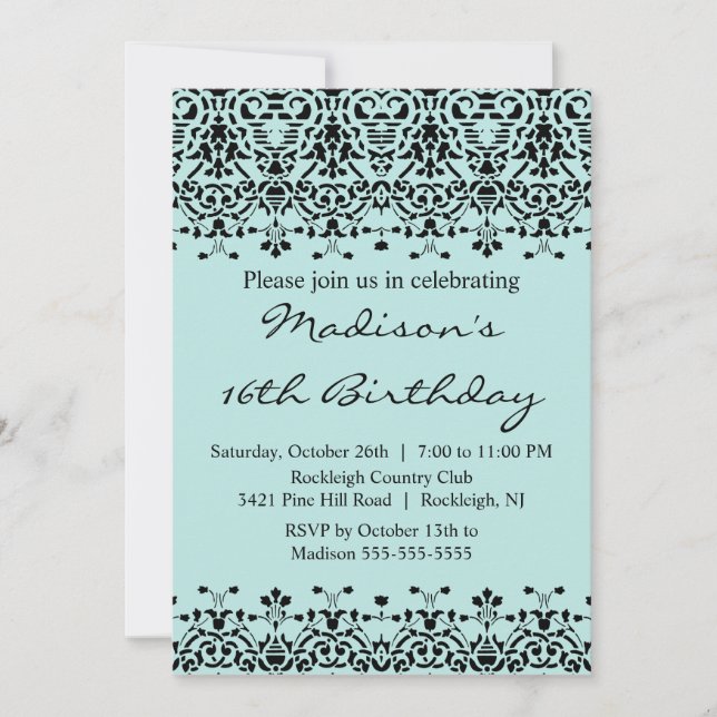 Sky Blue Damask Sweet Sixteen Birthday Invitation (Front)