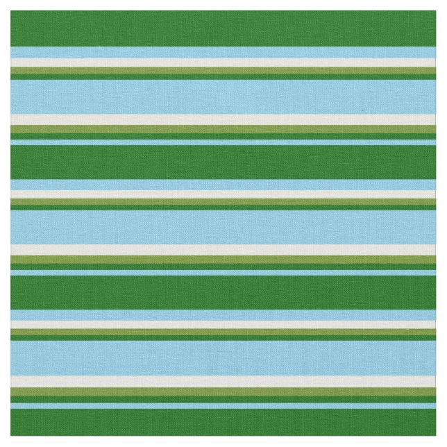 Sky Blue, Dark Green, Green & White Stripes Fabric (Close Up)
