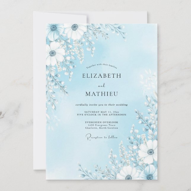 Sky Blue Delicate Bloom Wedding Invitation (Front)
