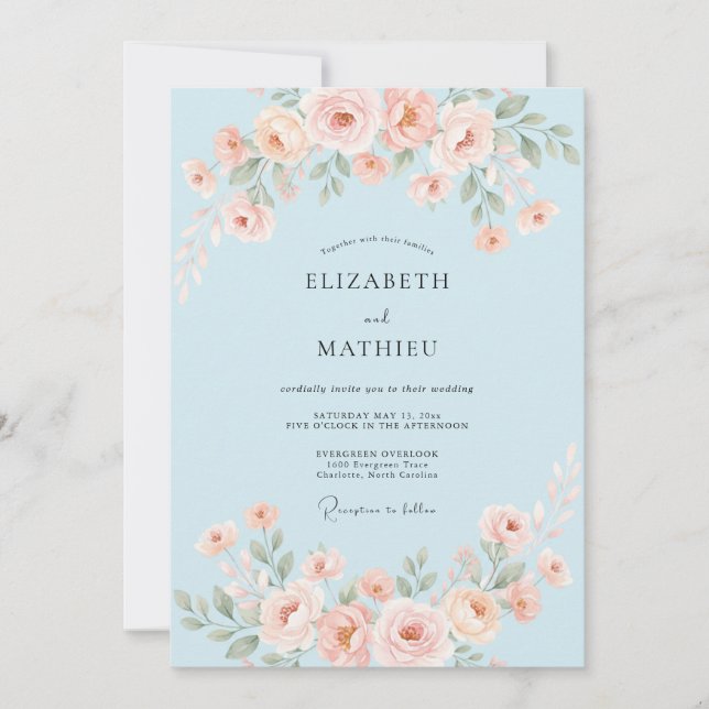 Sky Blue Delicate Blossom Wedding Invitation (Front)
