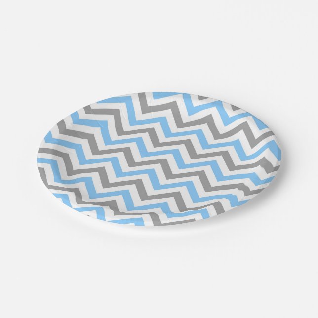 Sky Blue, Dk Gray Wht Large Chevron ZigZag Pattern Paper Plates (Angled)