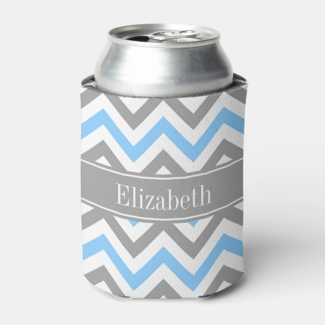 Sky Blue Dk Gray Wht LG Chevron Gray Name Monogram Can Cooler (Can Front)