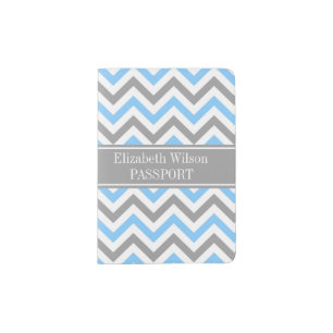 Sky Blue Dk Gray Wht LG Chevron Gray Name Monogram Passport Holder