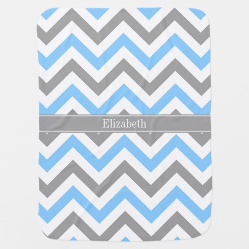 Sky Blue Dk Gray Wht LG Chevron Gray Name Monogram Swaddle Blanket