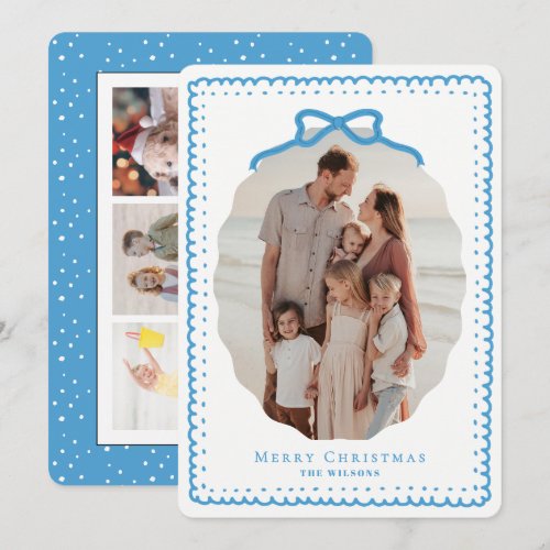 Sky Blue Doodle Frames & Bow 4 Photo Christmas Holiday Card