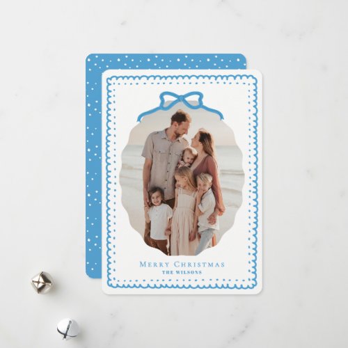 Sky Blue Doodle Frames & Bow Photo Christmas Holiday Card
