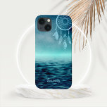 Sky Blue Dream Catcher with Teal Ocean Background iPhone 13 Case<br><div class="desc">Sky blue Native American Dream Catcher positioned on the upper right of a teal ocean and sky scenic background with color coordinated custom text line at the bottom for you to personalize.</div>