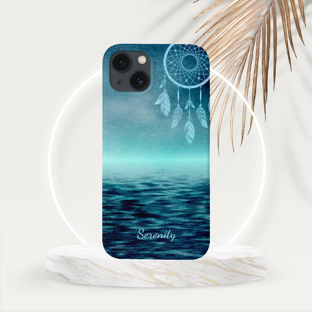 Sky Blue Dream Catcher with Teal Ocean Background Case-Mate iPhone Case (Sky Blue Dream Catcher with Teal Ocean Background and Custom Text Line Phone Case)