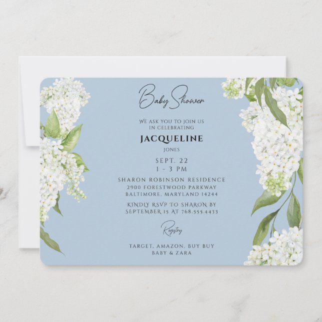 Sky Blue Dripping White Hydrangeas Baby Shower  Invitation (Front)