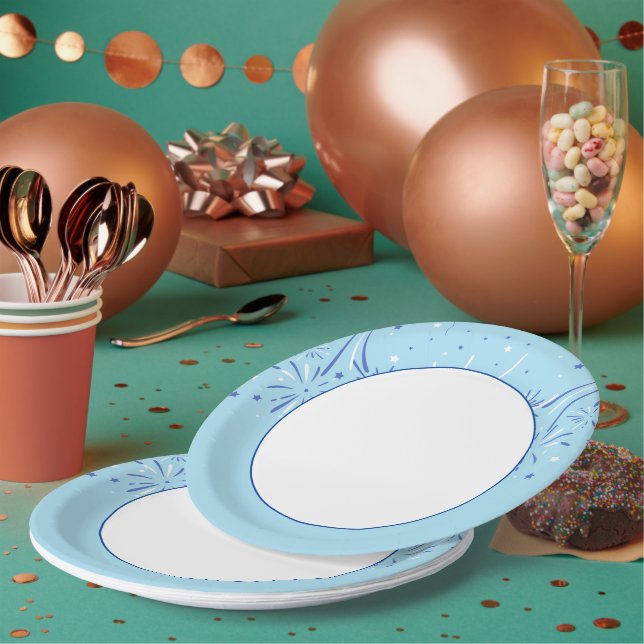 Sky Blue Edge with Minimalist Fireworks Design Paper Plates (Multi)