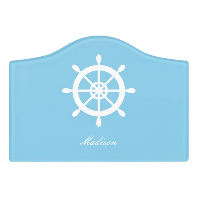 Sky Blue Family Nautical Helm Personalized Door Sign (Small Crest Front)