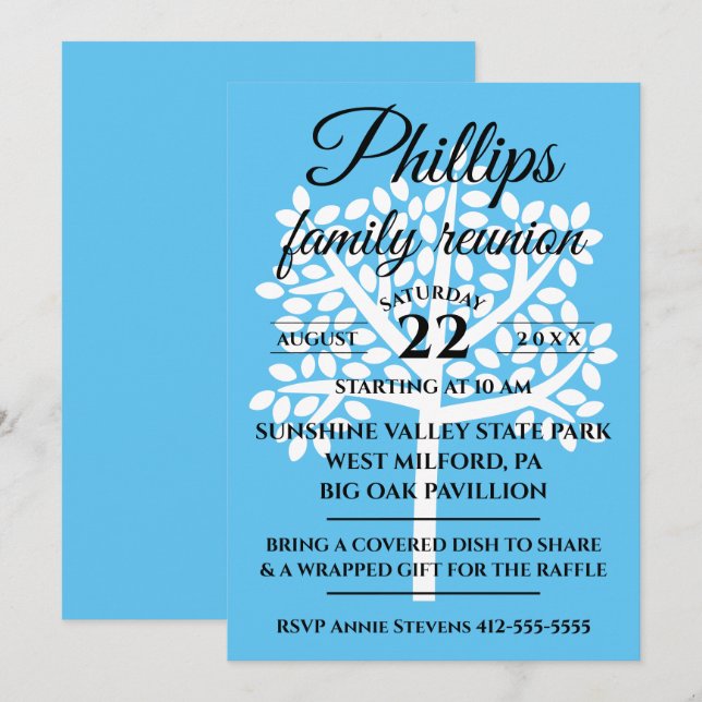 Sky Blue Family Reunion White Tree Silhouette Invitation (Front/Back)