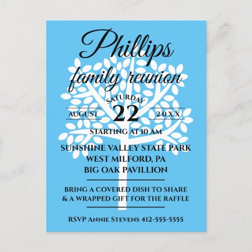 Sky Blue Family Reunion White Tree Silhouette Invitation Postcard