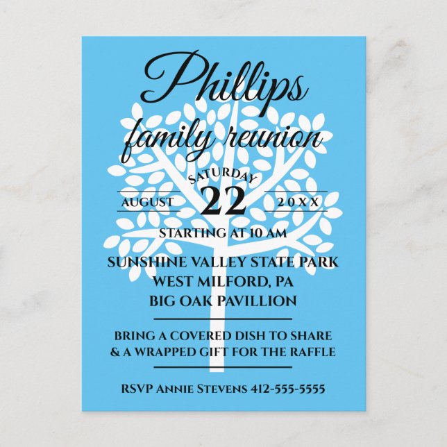 Sky Blue Family Reunion White Tree Silhouette Invitation Postcard (Front)