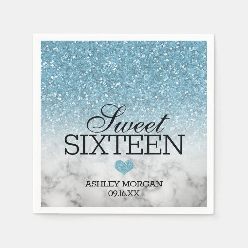 Sky Blue Faux GlitterMarble Sweet 16 Napkins