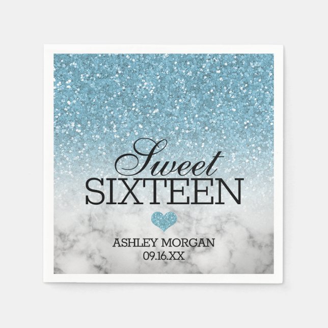 Sky Blue Faux Glitter/Marble Sweet 16 Napkins (Front)