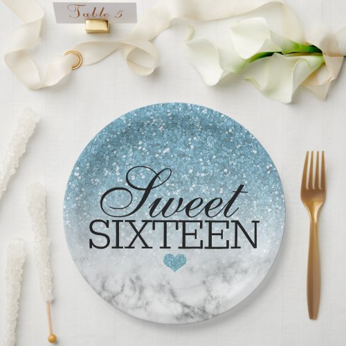 Sky Blue Faux GlitterMarble Sweet 16 Paper Plates