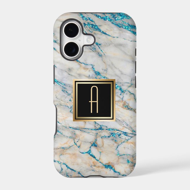 Sky Blue Faux Marble Gold Monogram Case-Mate iPhone Case (Back)