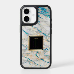 Sky Blue Faux Marble Gold Monogram iPhone 17 Case
