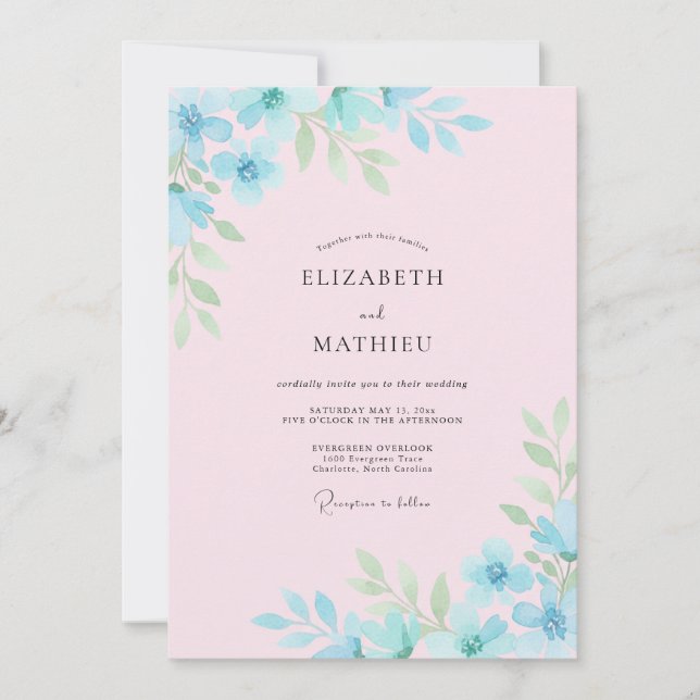 Sky Blue Floral Artistry Wedding Invitation (Front)