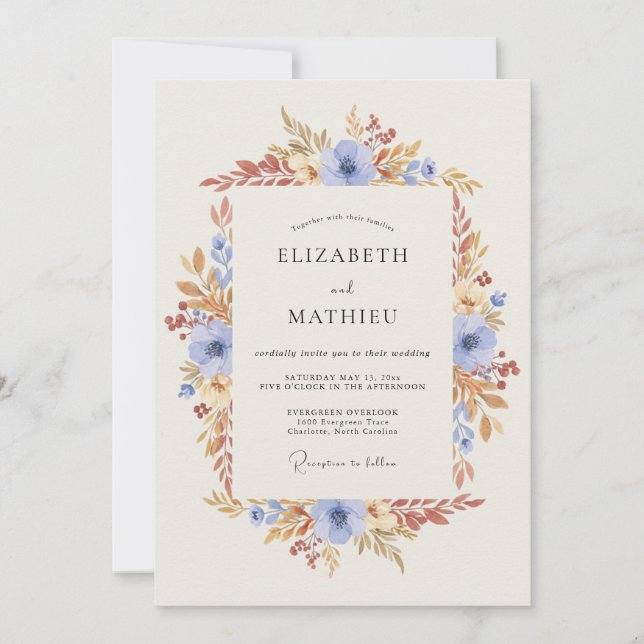 Sky Blue Floral Autumn Wedding Invitation (Front)