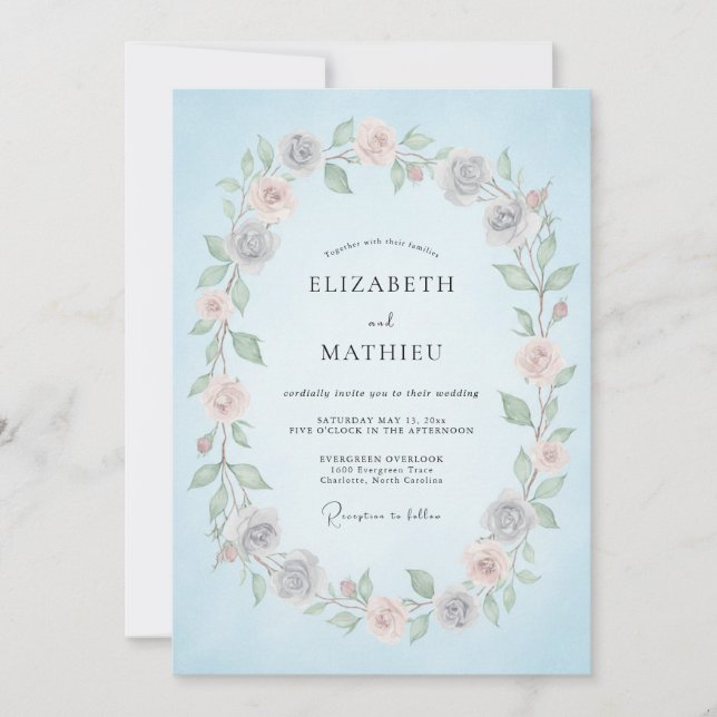 Sky Blue Floral Blossom Romance Wedding Invitation (Front)