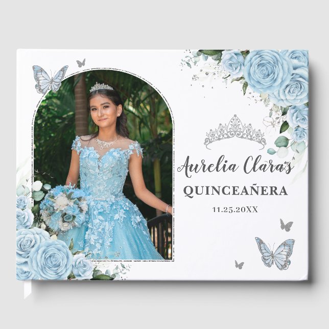 Sky Blue Floral Butterflies Quinceañera Photo Guest Book (Front)