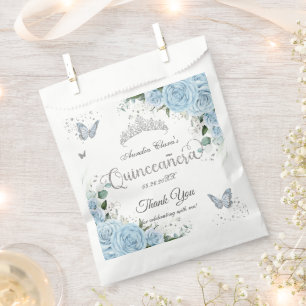 Sky Blue Floral Butterflies Silver Quinceañera 16 Favor Bag
