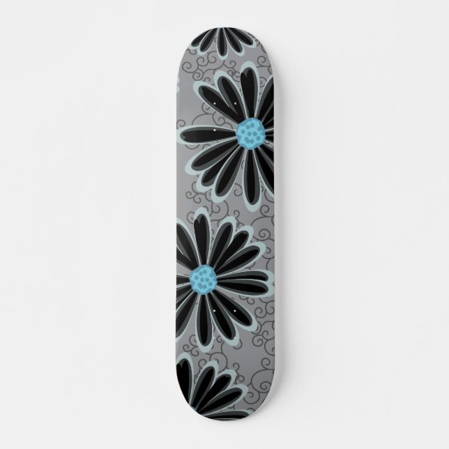 Sky Blue Floral Dotted Tribal Daisy Tattoo Pattern Skateboard (Front)