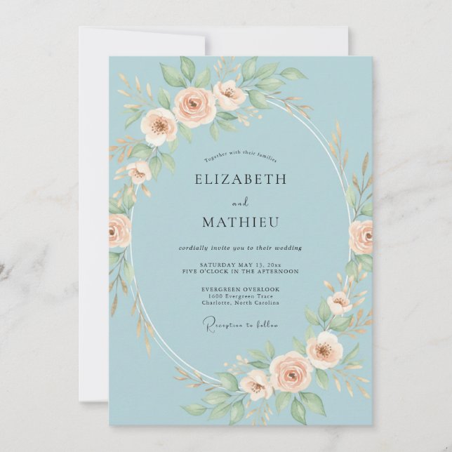 Sky Blue Floral Oval Wedding Invitation (Front)