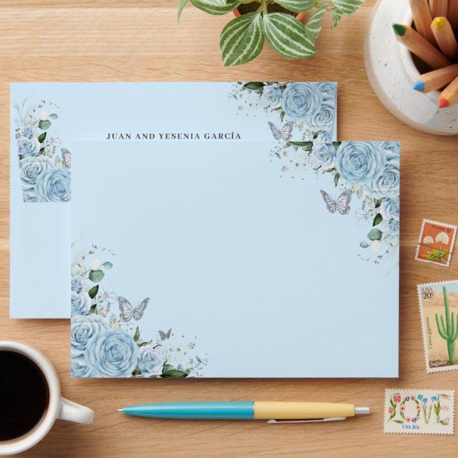 Sky Blue Floral Princess Dress Silver Quinceañera Envelope (Desk)