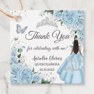 Sky Blue Floral Princess Dress Silver Quinceañera Favor Tags