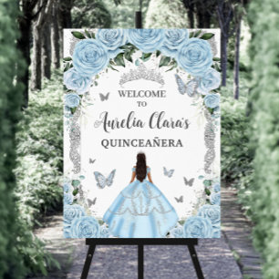 Sky Blue Floral Princess Dress Silver Quinceañera Foam Board