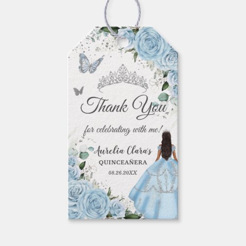 Sky Blue Floral Princess Dress Silver Quinceaera Gift Tags