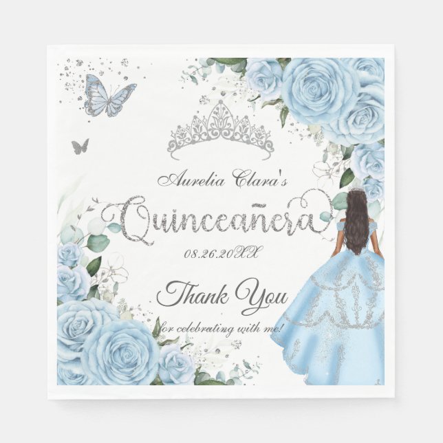 Sky Blue Floral Princess Dress Silver Quinceañera Napkins (Front)
