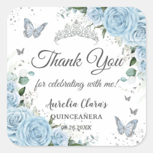 Sky Blue Floral Princess Dress Silver Quinceañera Square Sticker