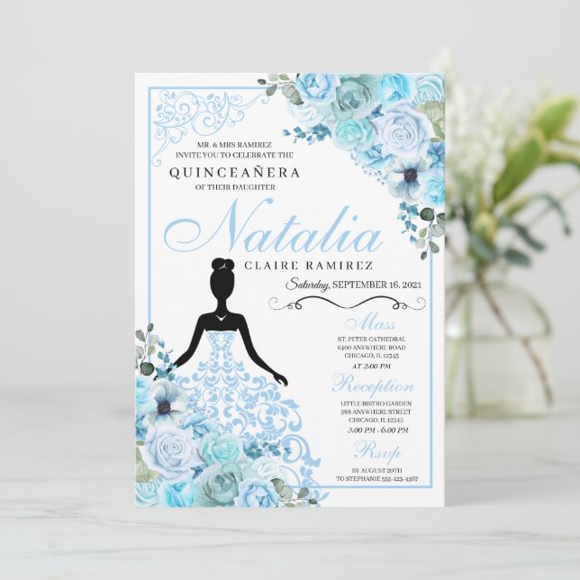 Sky Blue Floral Quinceanera Birthday Invitation (Standing Front)