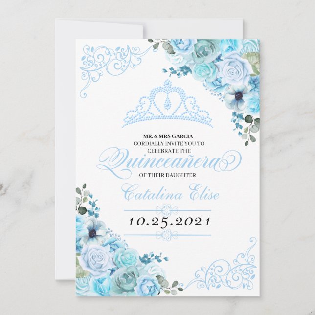Sky Blue Floral Quinceanera Birthday Invitation (Front)