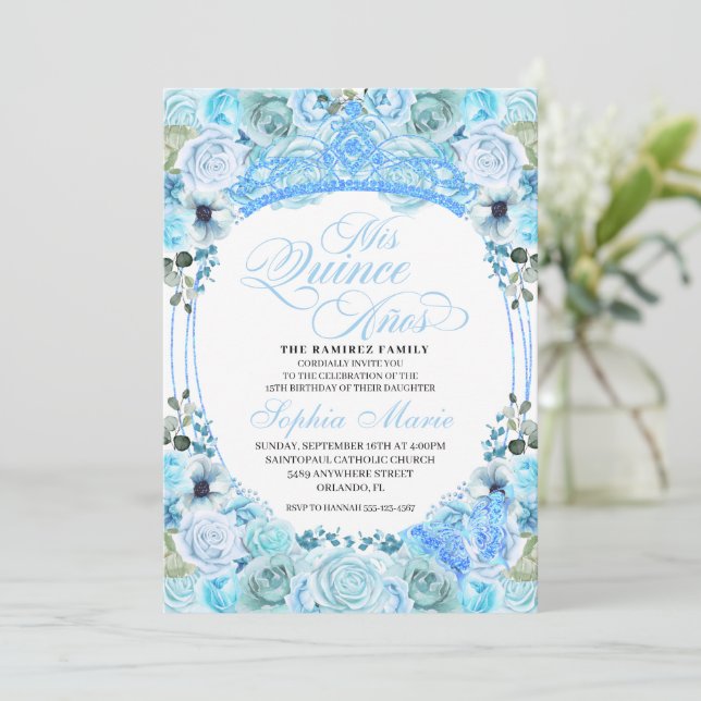Sky Blue Floral Quinceanera Birthday Invitation (Standing Front)