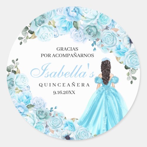 Sky Blue Floral Quinceanera Round Stickers