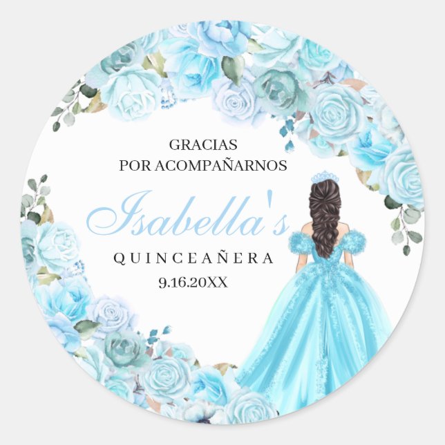 Sky Blue Floral Quinceanera Round Stickers (Front)