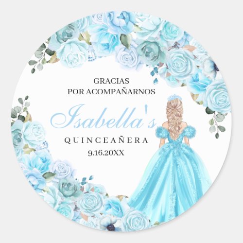 Sky Blue Floral Quinceanera Round Stickers
