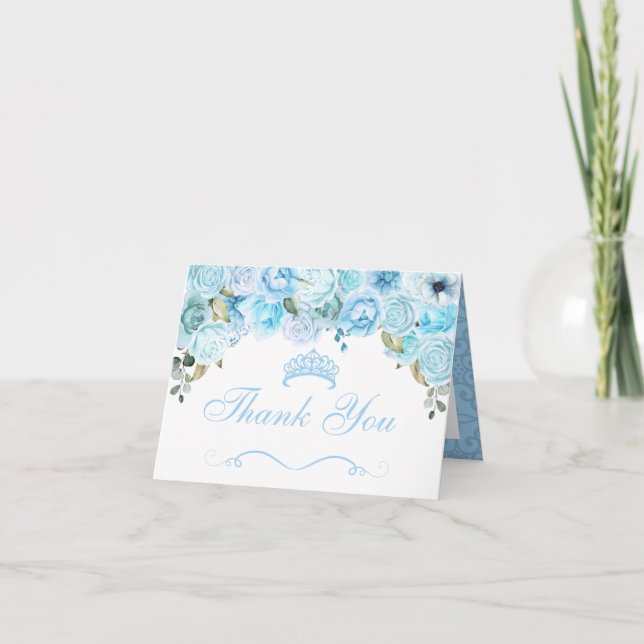 Sky Blue Floral Quinceanera Thank You Invitation (Front)